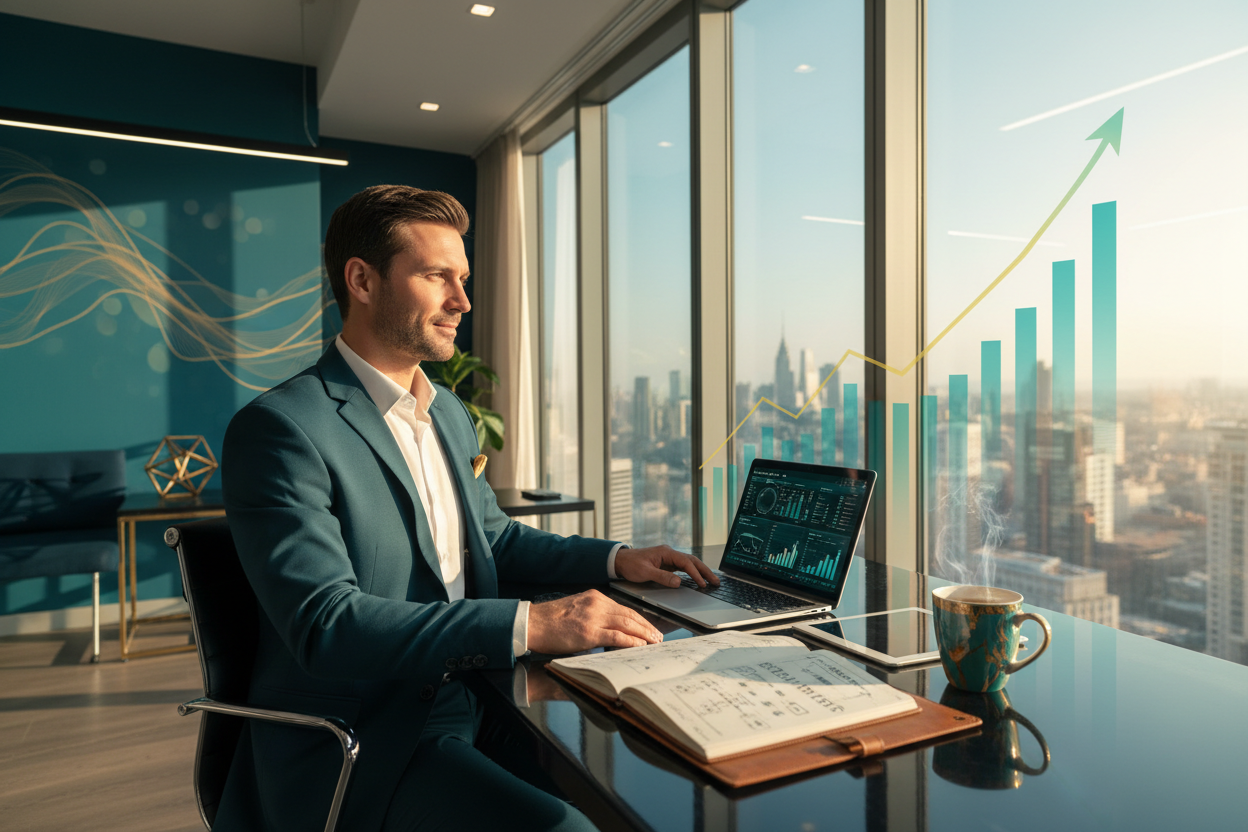 realistic image of a confident man entrepreneur in a modern office, sitting at a desk with a laptop, business strategy notes, and coffee. Background shows a large window overlooking a city skyline with a rising graph on transparent glass. Teal and gold color accents. The entrepreneur looks visionary, focused, and ambitious; the scene emphasizes growth, success, and scaling a business. Sunlight and dynamic lighting create an energetic atmosphere. --ar 16:9 --v 5 --style business