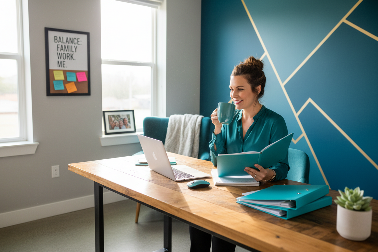 realistic image of a confident working mom in a modern home office, multitasking with a planner, laptop, and coffee. Bright, teal accents. Organized environment, sunlight streaming in, relaxed and energetic vibe. Emphasize balance between family, work, and self-care.