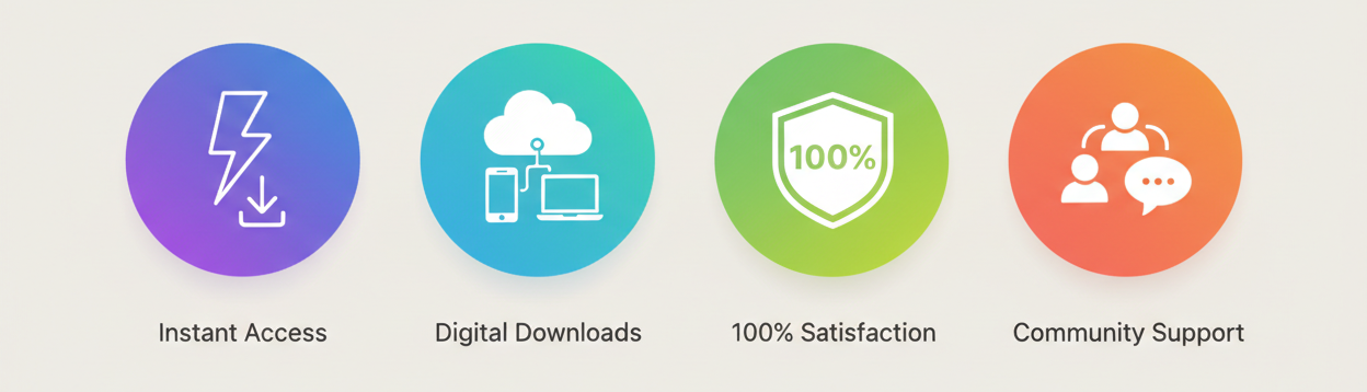 4 modern flat illustration in 1 line, for SaaS how it works website section with texte description background color EFECEC : 

Instant Access
Download immediately after purchase. No waiting, start right now.

Digital Downloads
Keep forever. Use on any device. Never lose access.

100% Satisfaction
30-day money-back guarantee. Love it or get a full refund.

Community Support
Join our community. Get help when you need it.