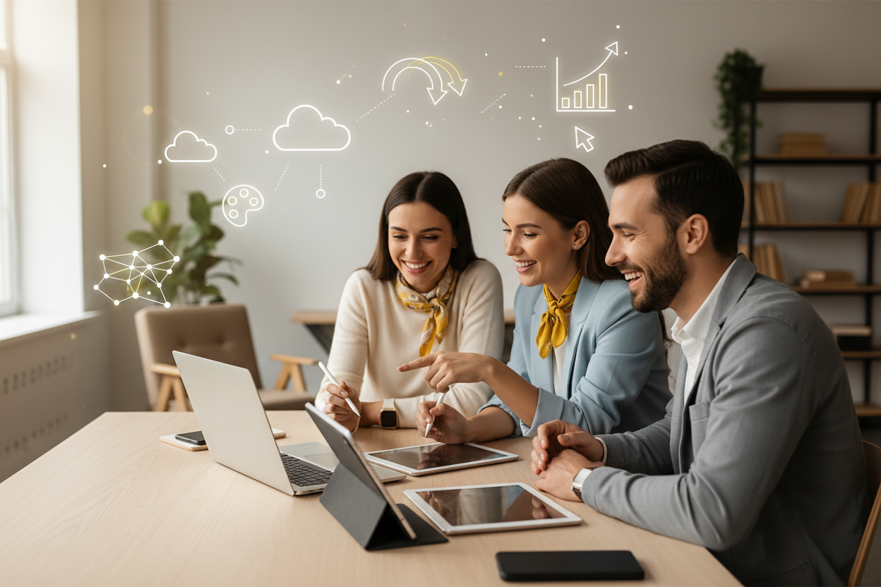 bannière élégante et moderne pour le sans texte ni boutton, doit évoquer l’innovation et la productivité, mettre en avant 3 personnes souriantes travaillant ensemble. Inclure des illustrations ou icônes représentant la technologie, la productivité et les solutions digitales. Le style général doit être cozy, épuré et attractif, pour attirer les clients à la recherche de solutions digitales efficaces.