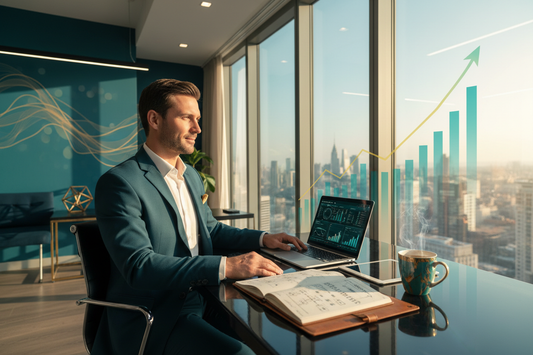realistic image of a confident man entrepreneur in a modern office, sitting at a desk with a laptop, business strategy notes, and coffee. Background shows a large window overlooking a city skyline with a rising graph on transparent glass. Teal and gold color accents. The entrepreneur looks visionary, focused, and ambitious; the scene emphasizes growth, success, and scaling a business. Sunlight and dynamic lighting create an energetic atmosphere. --ar 16:9 --v 5 --style business