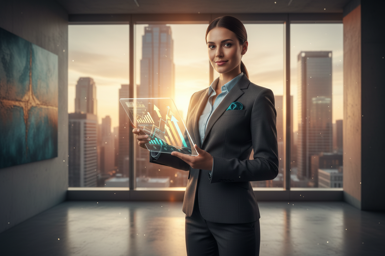 realistic image of a determined young professional in a sleek business suit in a modern city office, standing confidently in front of a large window with skyscraper skyline. Holding a career planner or roadmap with glowing upward arrows and charts. Bright golden hour lighting, bold teal and gold accents. Dynamic, inspiring atmosphere, confident expression. Visual emphasis on promotion, career growth, and success. --ar 16:9 --v 5 --style corporate