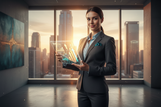 realistic image of a determined young professional in a sleek business suit in a modern city office, standing confidently in front of a large window with skyscraper skyline. Holding a career planner or roadmap with glowing upward arrows and charts. Bright golden hour lighting, bold teal and gold accents. Dynamic, inspiring atmosphere, confident expression. Visual emphasis on promotion, career growth, and success. --ar 16:9 --v 5 --style corporate