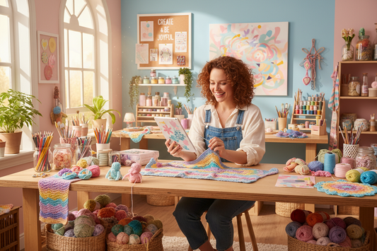 realistic image of a joyful creative woman in a bright, colorful studio, surrounded by art supplies, yarn, crochet projects, and a digital tablet showing creative patterns. Pastel and rainbow accents. She is smiling and focused, immersed in the act of creating. Sunlight streams into the organized, inviting workspace. The scene emphasizes creative energy, artistic freedom, and a welcoming atmosphere for makers and crafters. --ar 16:9 --v 5 --style artistic
