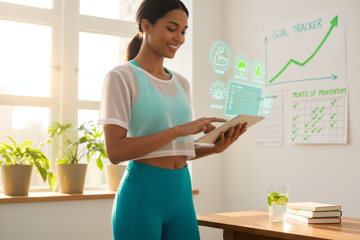 realistic image of a motivated person in athletic wear, tracking daily habits on a tablet or digital planner, surrounded by icons representing exercise, healthy food, meditation, and reading. Vibrant teal and green accents. Sunlight-filled home interior with charts and calendars showing progress. The atmosphere is energetic, positive, and full of momentum. Visual focus on habit formation and personal transformation. --ar 16:9 --v 5 --style wellness