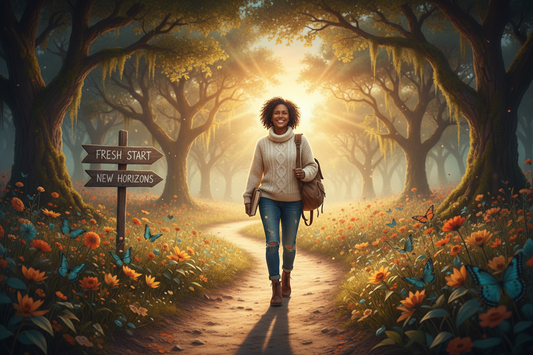realistic image of a smiling person stepping confidently onto a vibrant, sunlit path in nature, holding a journal and backpack. The scene features symbolic road signs (“Fresh Start”, “New Horizons”), with trees, flowers, and sunrise in the background. Colors: teal and orange accents. The mood is hopeful, peaceful, and empowering—focus on life transformation, personal growth, and embracing change in everyday life. No business attire or career symbols; warm light, self-discovery, and emotional ren